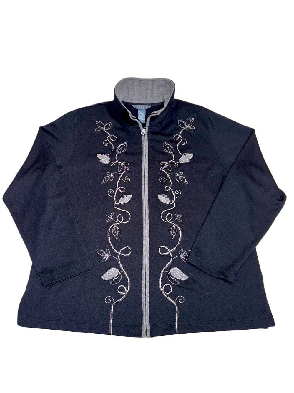Koret Petite XL Embroidered Beaded Black Gray Sweater Jacket Full Zip PXL EUC